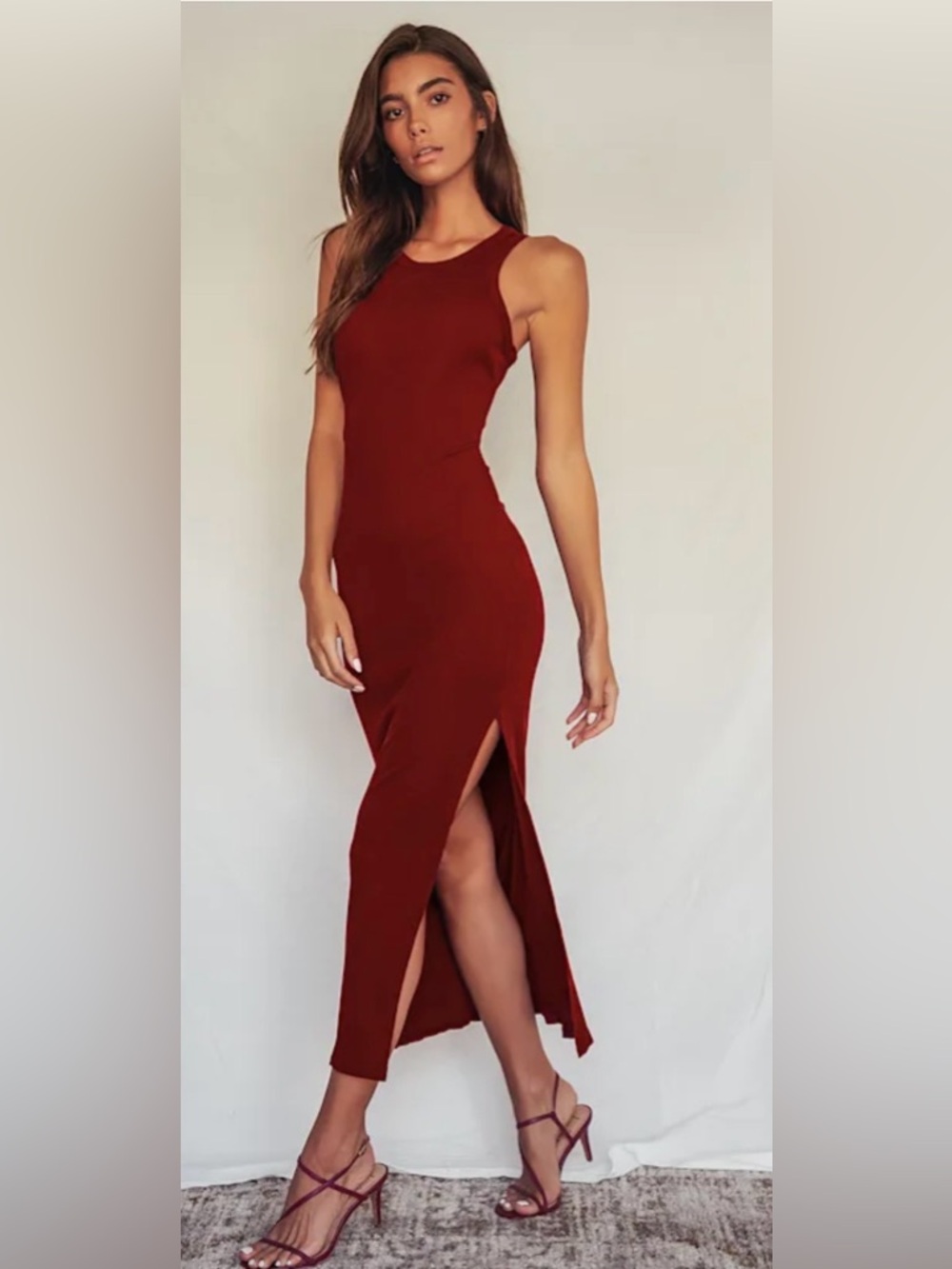 Lulus Simply Wonderful Burgundy Ribbed Bodycon Midi Dress Red - Size M - NWOT - Picture 2 of 10